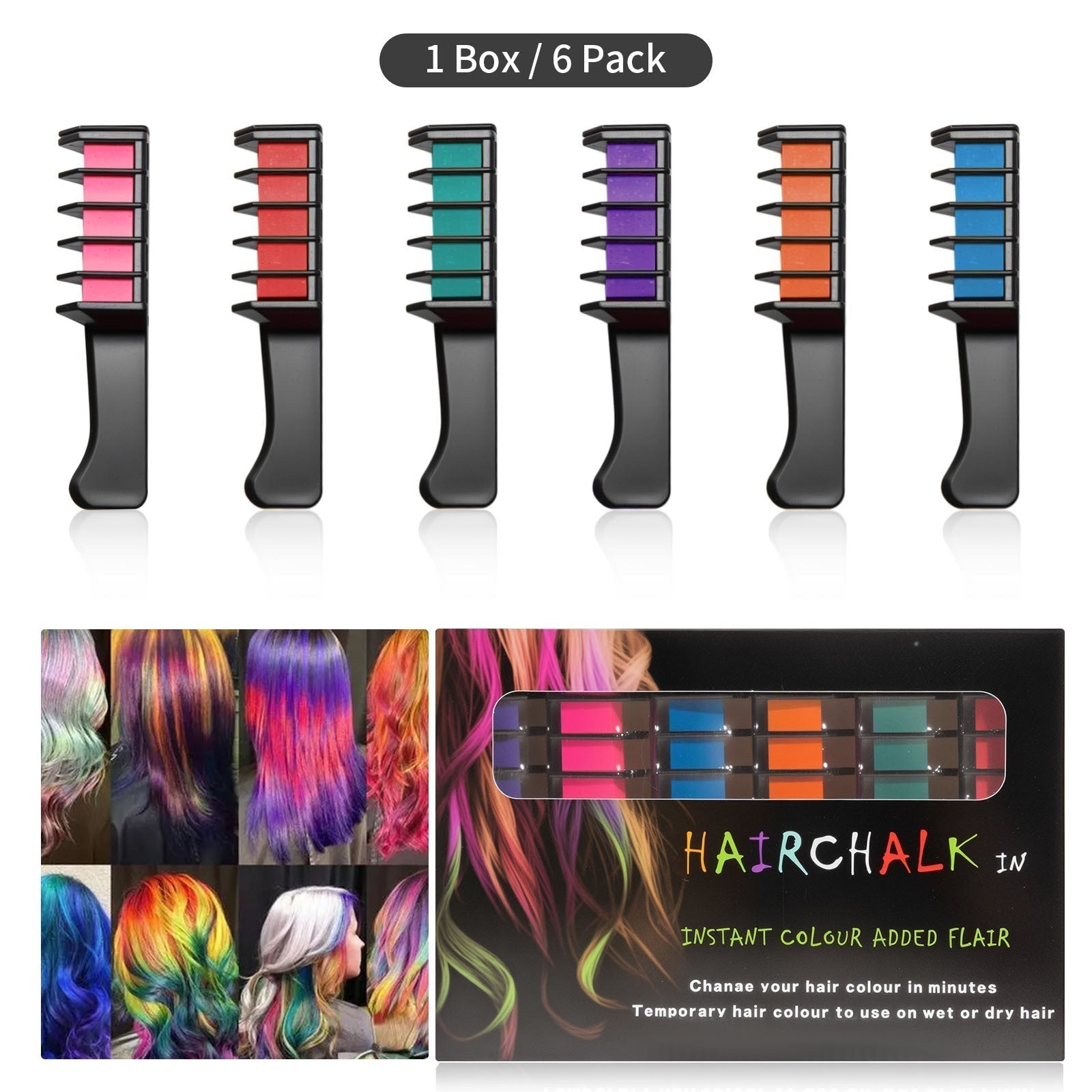 Arenzza festive fun hair chalk combs in bright colors, perfect for creative hair coloring and styling for special occasions.