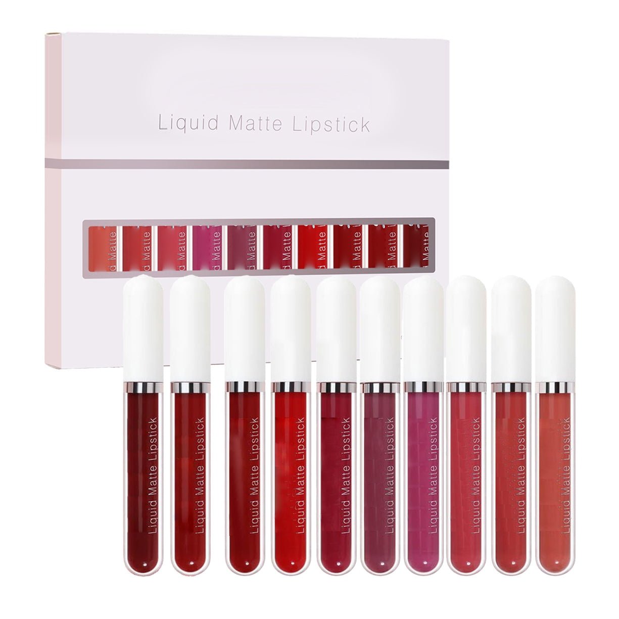 Set of 10 Arenzza matte waterproof long-lasting lip glosses, shown in sleek tubes with vibrant shades.