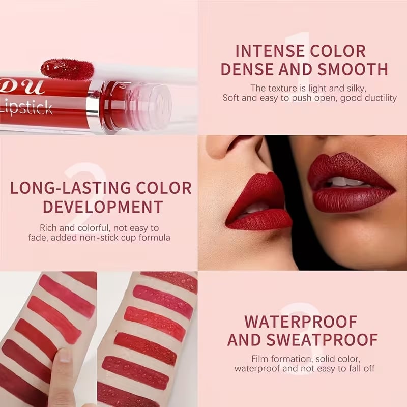 Set of 10 Arenzza matte waterproof long-lasting lip gloss tubes with sleek packaging and vibrant shades for a bold beauty look.