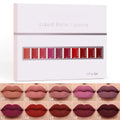 Set of 10 matte waterproof long-lasting lip glosses by Arenzza, featuring vibrant shades and smooth application.
