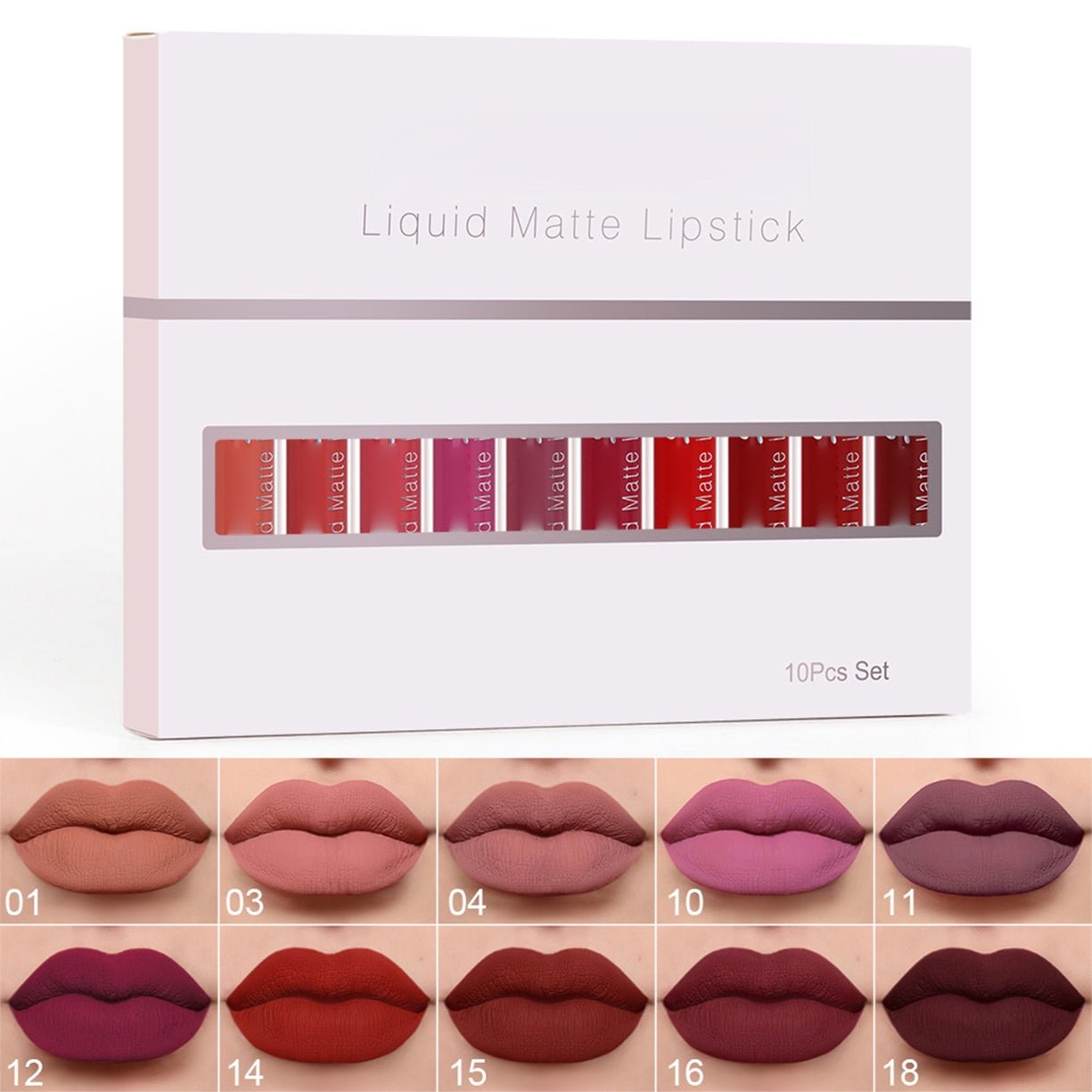 Set of 10 matte waterproof long-lasting lip glosses by Arenzza, featuring vibrant shades and smooth application.