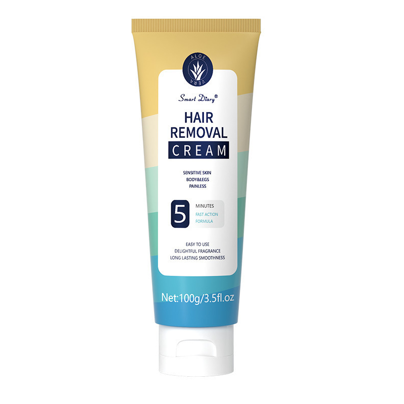 Arenzza full body hair removal cream for men and women, skin-friendly formula shown in a sleek container with fresh green leaves.