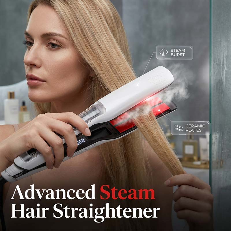 Arenzza professional steam hair straightener with sleek black plates, ready for styling on a white background.