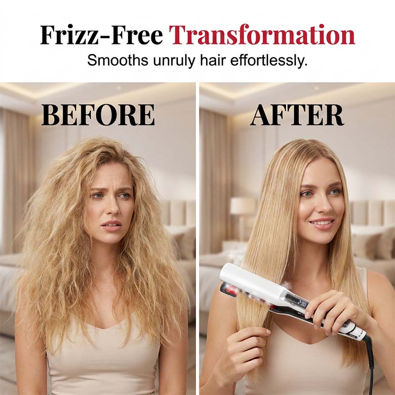 Arenzza professional steam hair straightener with ceramic plates, black and silver design, on a white background.