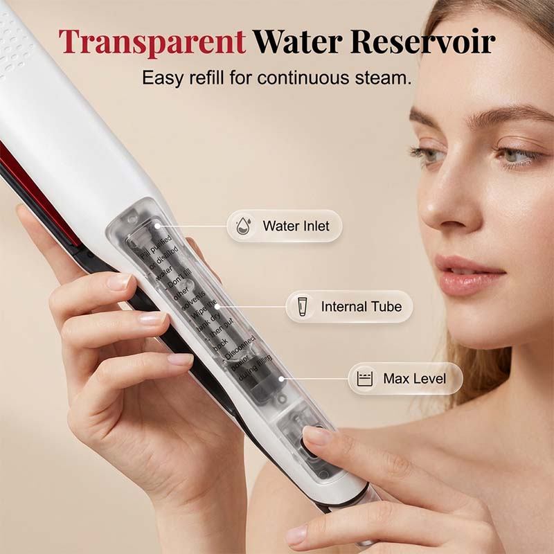 Arenzza professional steam hair straightener with ceramic plates, black handle, and digital control for smooth, shiny hair.