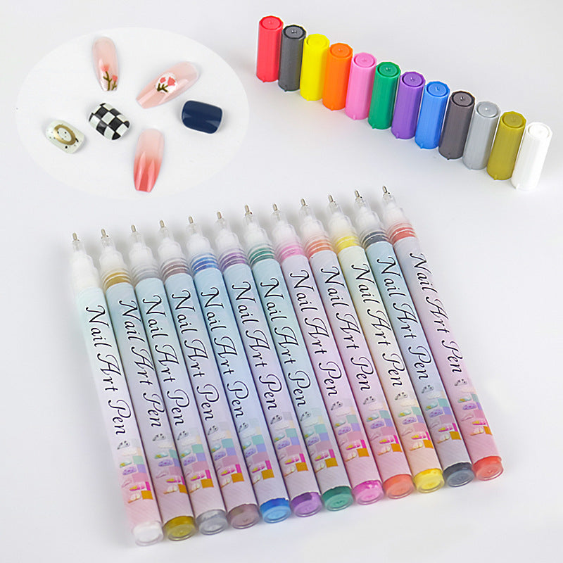 Arenzza 12-color professional nail art pen set with vibrant pens arranged in a row on a white background for detailed nail designs.