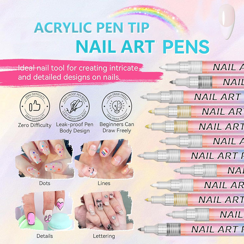Arenzza 12-color professional nail art pen set with vibrant pens for detailed nail designs, displayed on a white background.