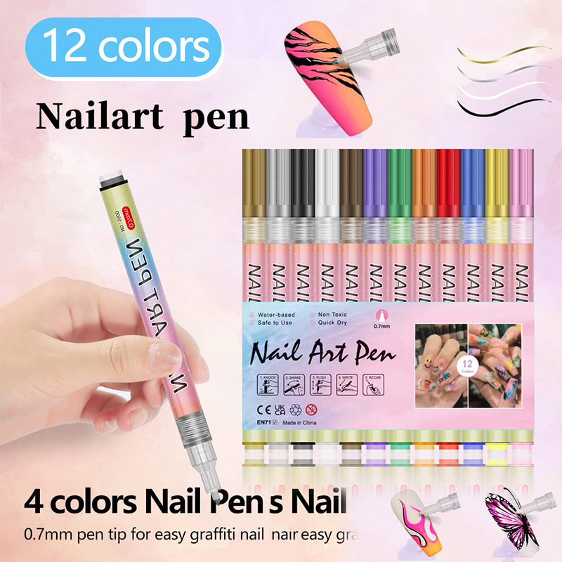 Arenzza 12-color professional nail art pen set with vibrant colors for detailed nail designs, displayed on a white background.