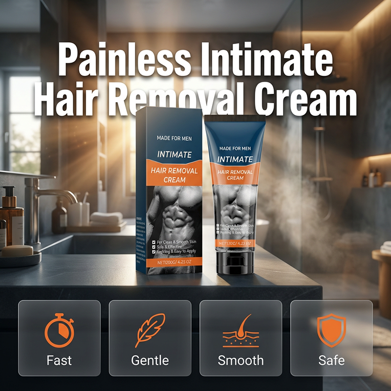 Arenzza men's intimate hair removal cream bottle with product label, designed for smooth skin and easy application.