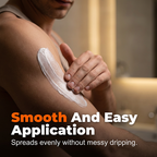 A men's intimate hair removal cream by Arenzza, shown in a sleek tube with a close-up of the product packaging.