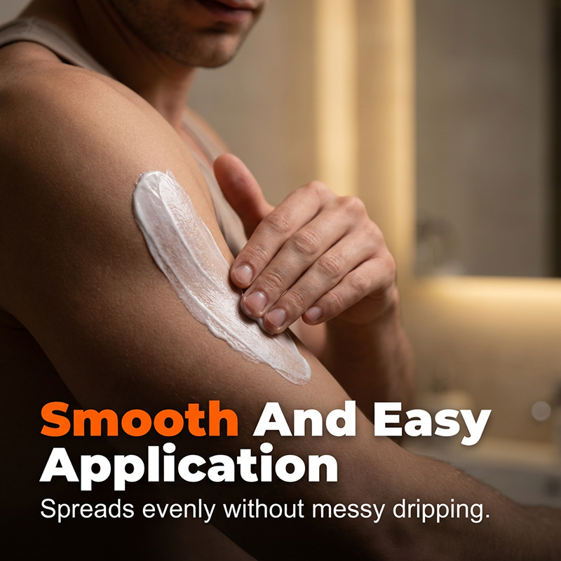 A men's intimate hair removal cream by Arenzza, shown in a sleek tube with a close-up of the product packaging.