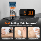 A men's intimate hair removal cream by Arenzza, shown in a sleek tube with product branding and packaging for health and beauty.