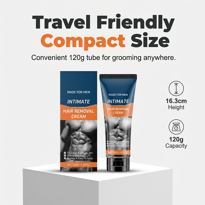 A men's intimate hair removal cream by Arenzza, shown in a sleek container, designed for smooth skin removal in the health and beauty category.