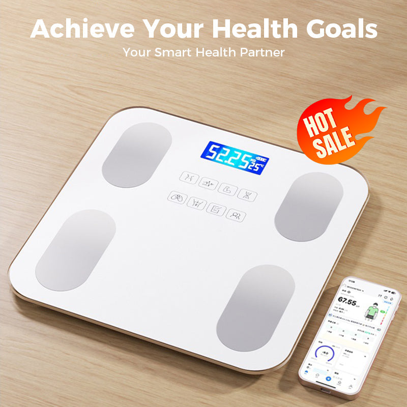 Arenzza smart body fat scale with LCD display, showing digital weight measurement on a sleek black platform for health and fitness.