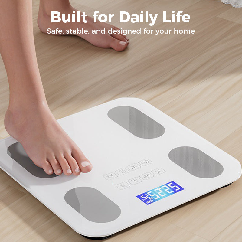 Arenzza smart body fat scale with LCD display showing weight measurement, designed for health and fitness tracking.