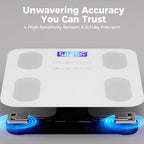 Arenzza Smart Body Fat Scale with LCD display, showing digital readouts for body weight and health metrics on a sleek black surface.