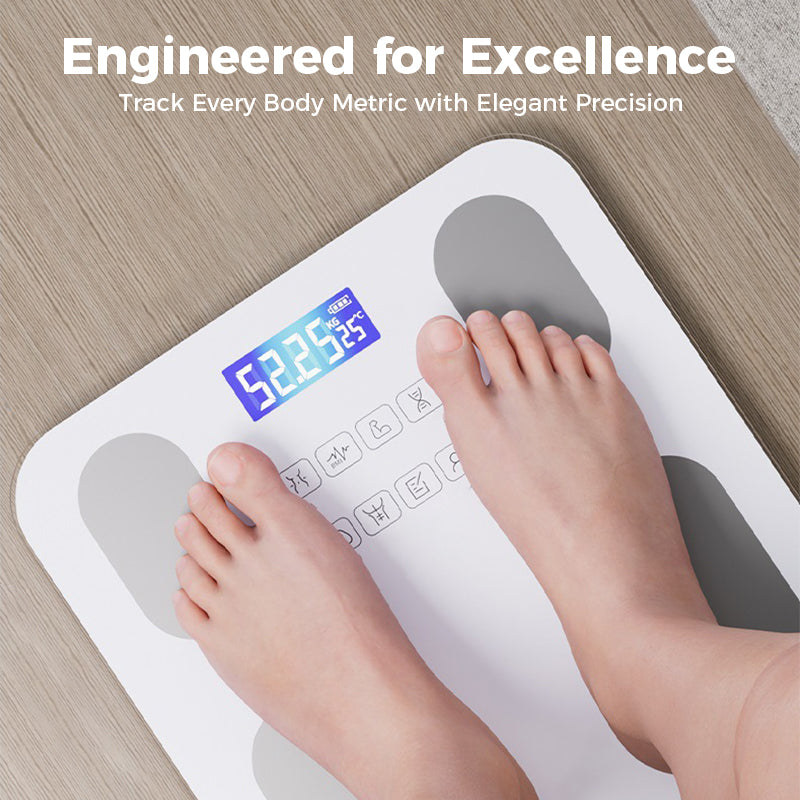 Arenzza Smart Body Fat Scale with LCD display measuring body weight and composition for health tracking.