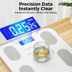 Arenzza smart body fat scale with LCD display showing weight and health metrics on a sleek glass platform.