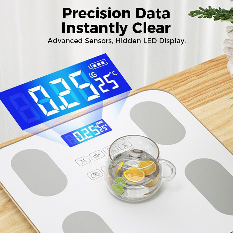 Arenzza smart body fat scale with LCD display showing weight and health metrics on a sleek glass platform.