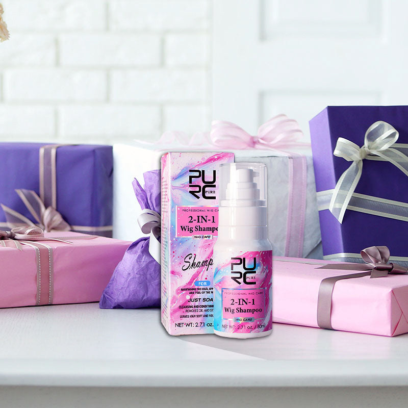Arenzza 2-in-1 Wig Care Shampoo for healthy hair and scalp, shown in a sleek bottle with a flip-top cap.