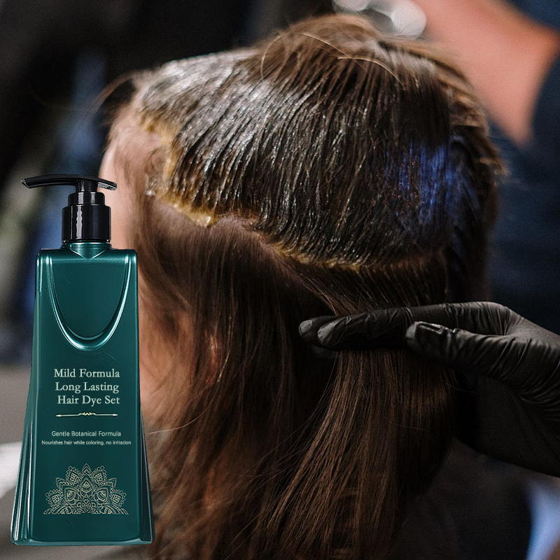 Arenzza Mild Formula Long Lasting Hair Dye Set with bottles of hair color solution and applicator brush for healthy hair coloring.