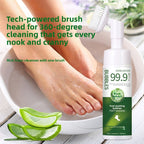 Arenzza antibacterial foot wash with 360° brush for stinky feet, shown with a white bottle and brush attachment on a clean surface.