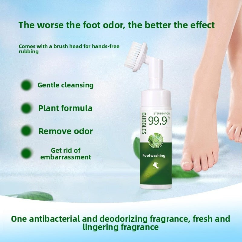 Arenzza antibacterial foot wash with 360° brush for stinky feet, showing the bottle and brush in a health and beauty setting.