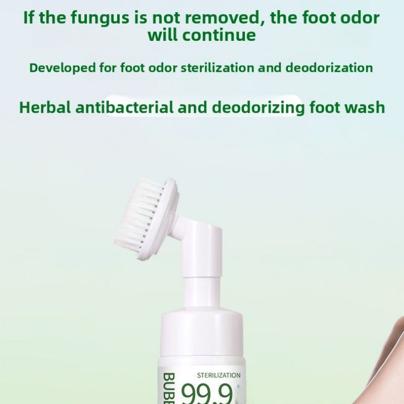 Arenzza antibacterial foot wash with 360° brush for stinky feet, shown in a close-up of the cleansing device and brush head.