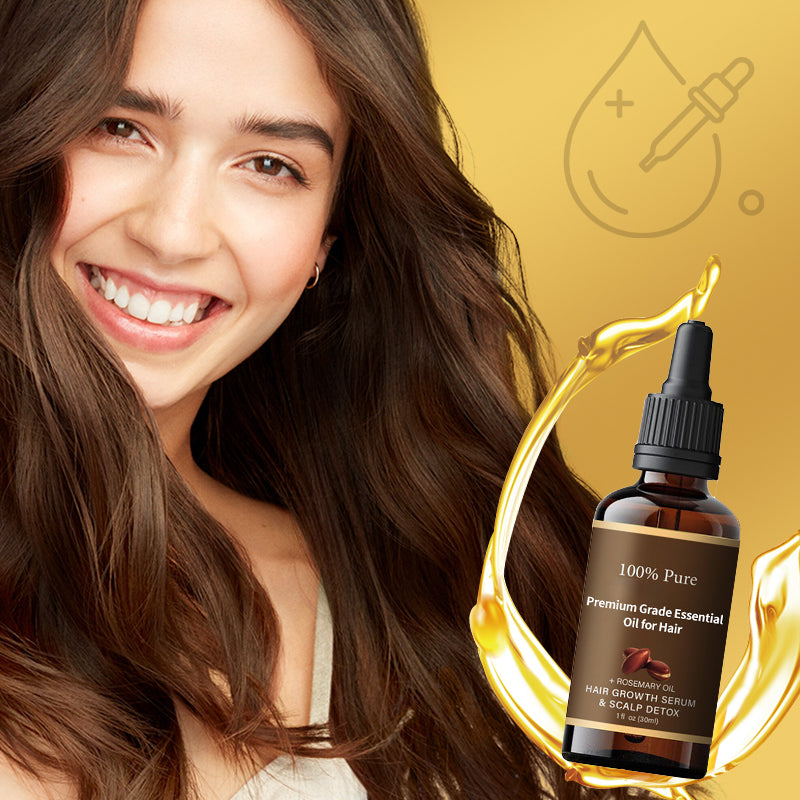 Arenzza premium grade essential oil for hair in a clear glass bottle with a dropper, surrounded by fresh herbs and flowers.