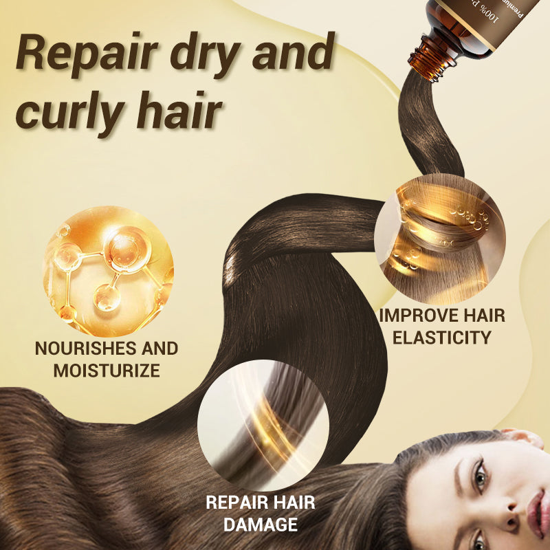 A bottle of Arenzza premium grade essential oil for hair care, with a clear glass container and natural botanical label.