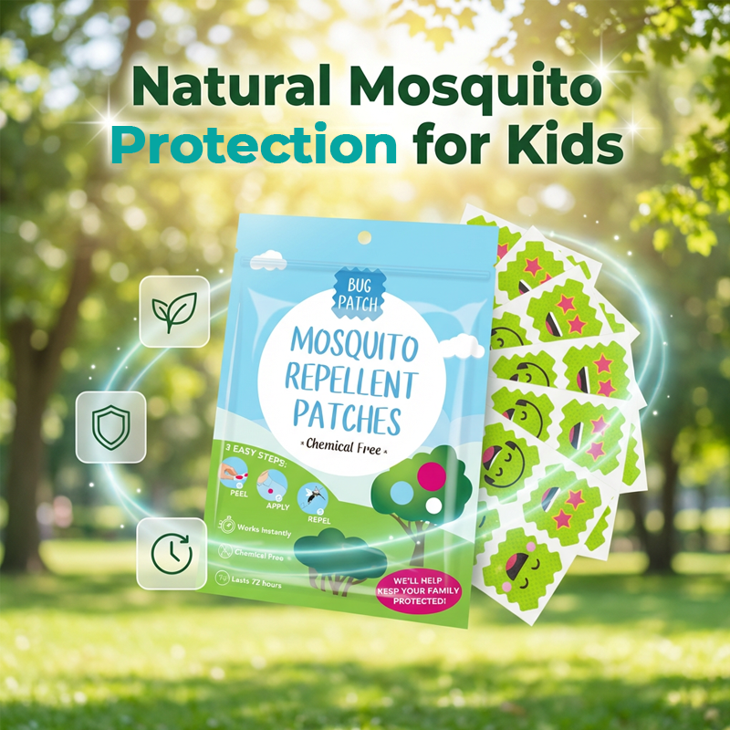 A pack of Arenzza mosquito repellent patches for kids, featuring colorful patches and child-friendly packaging.