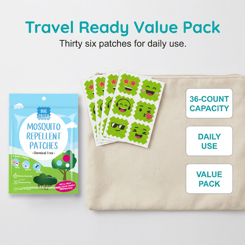 Arenzza mosquito repellent patches for kids, small adhesive patches designed to protect children from mosquito bites.