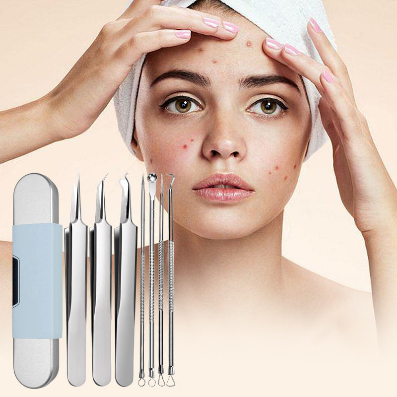 Arenzza stainless steel blackhead removal kit with tools and alcohol pads for skincare, black tools and bottles visible in the image.