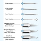 Arenzza stainless steel blackhead removal kit with various tools and free alcohol pads, designed for skin pore cleaning and extraction.