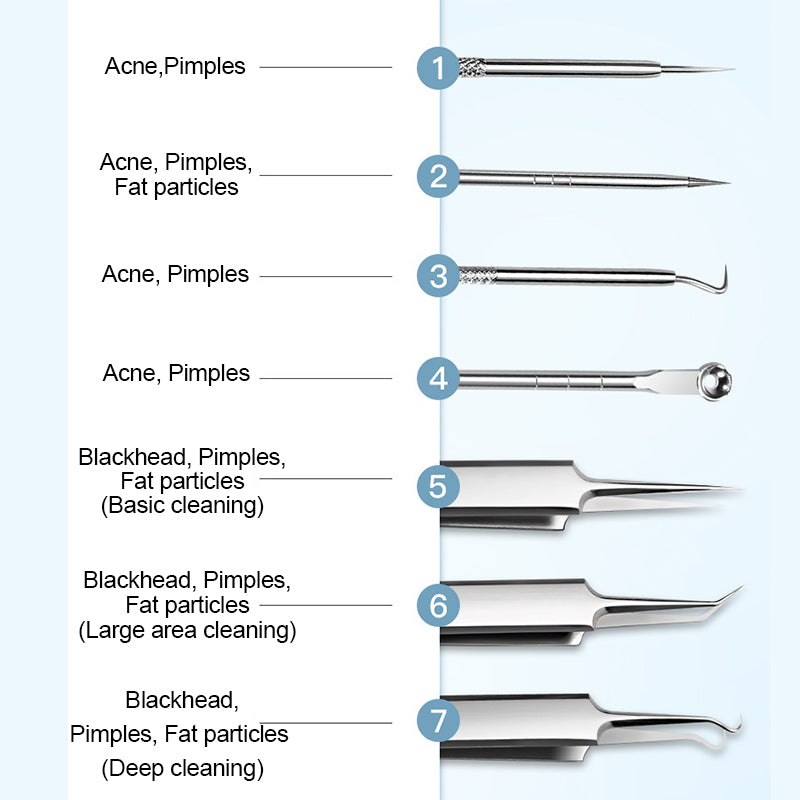Arenzza stainless steel blackhead removal kit with various tools and free alcohol pads, designed for skin pore cleaning and extraction.