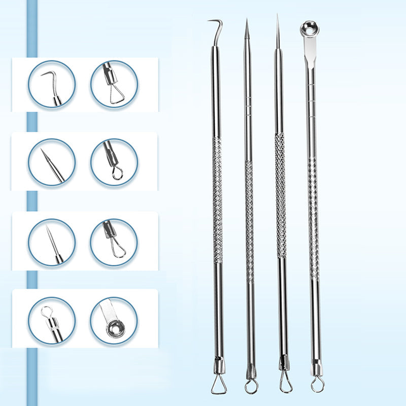 Arenzza stainless steel blackhead removal kit with tools and free alcohol pads for skincare and pore cleansing.
