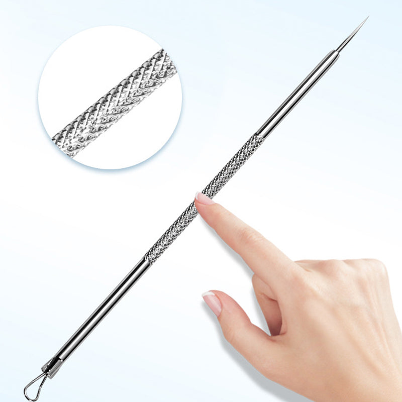 Arenzza stainless steel blackhead removal kit with tools and alcohol pads for skincare, displayed on a white background.