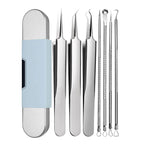Arenzza stainless steel blackhead removal kit with multiple tools and alcohol pads for skincare and pore cleansing.