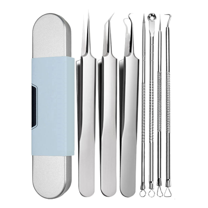 Arenzza stainless steel blackhead removal kit with multiple tools and alcohol pads for skincare and pore cleansing.