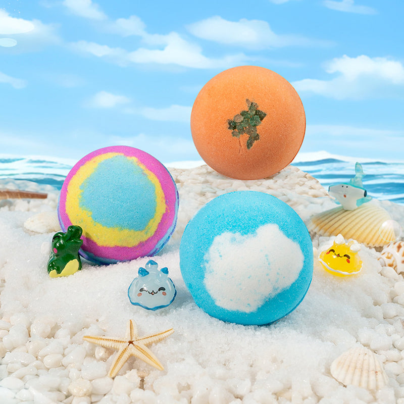 A 12-piece Arenzza bath bomb gift set for kids featuring colorful, round bath bombs in various scents and vibrant packaging.