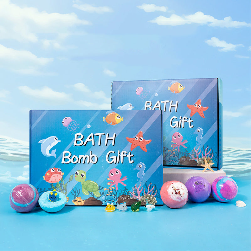 Colorful 12-piece bath bomb gift set for kids from Arenzza, featuring vibrant bath bombs in fun shapes and bright colors.