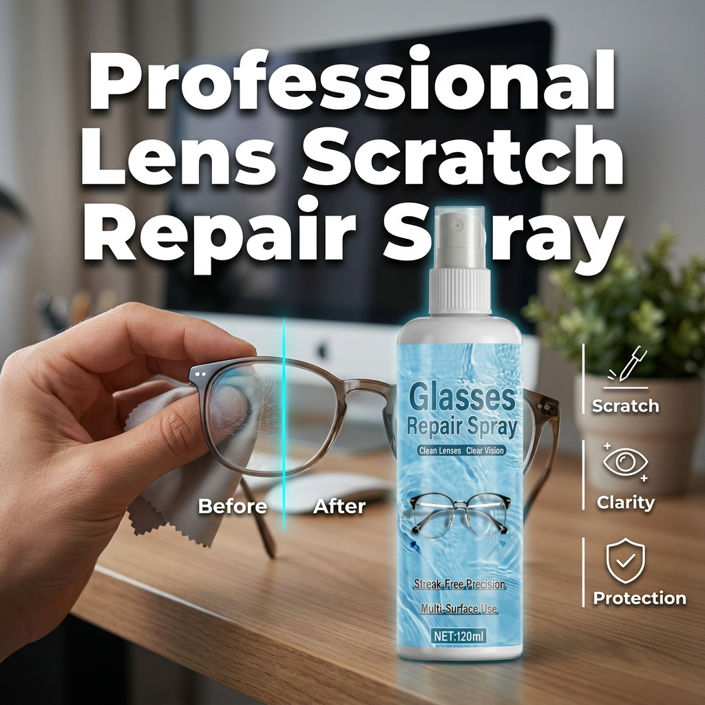 Infographic showing Arenzza Professional Lens Scratch Repair Spray for cleaning and repairing camera or glasses lenses.