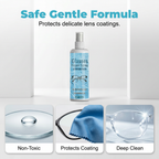 Arenzza professional lens scratch repair spray infographic showing safe, gentle formula for repairing camera or glasses lenses.