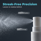 Arenzza professional lens scratch repair spray in a spray bottle, shown with clear, streak-free application on a camera lens.