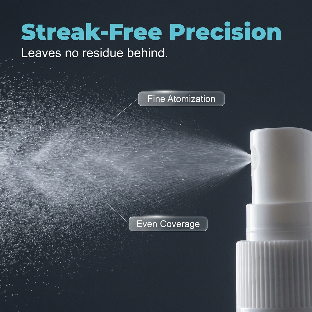 Arenzza professional lens scratch repair spray in a spray bottle, shown with clear, streak-free application on a camera lens.