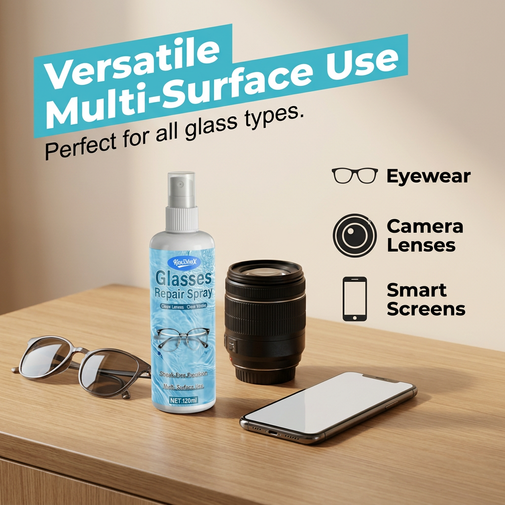 Arenzza professional lens scratch repair spray infographic demonstrating versatile use on various surfaces for health and beauty.