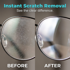 Arenzza professional lens scratch repair spray bottle with infographic showing quick scratch removal for glasses and camera lenses.