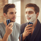 A men’s portable mini electric shaver by Arenzza with a compact design, black and silver color, and ergonomic handle.