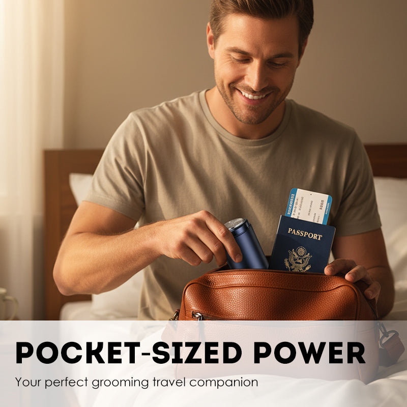 Arenzza portable mini electric shaver for men with a compact design, black body, and silver shaving head for grooming on the go.