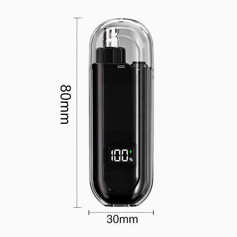 Arenzza electric nose hair trimmer in black, waterproof design, with a close-up view showing its compact, painless grooming tool.